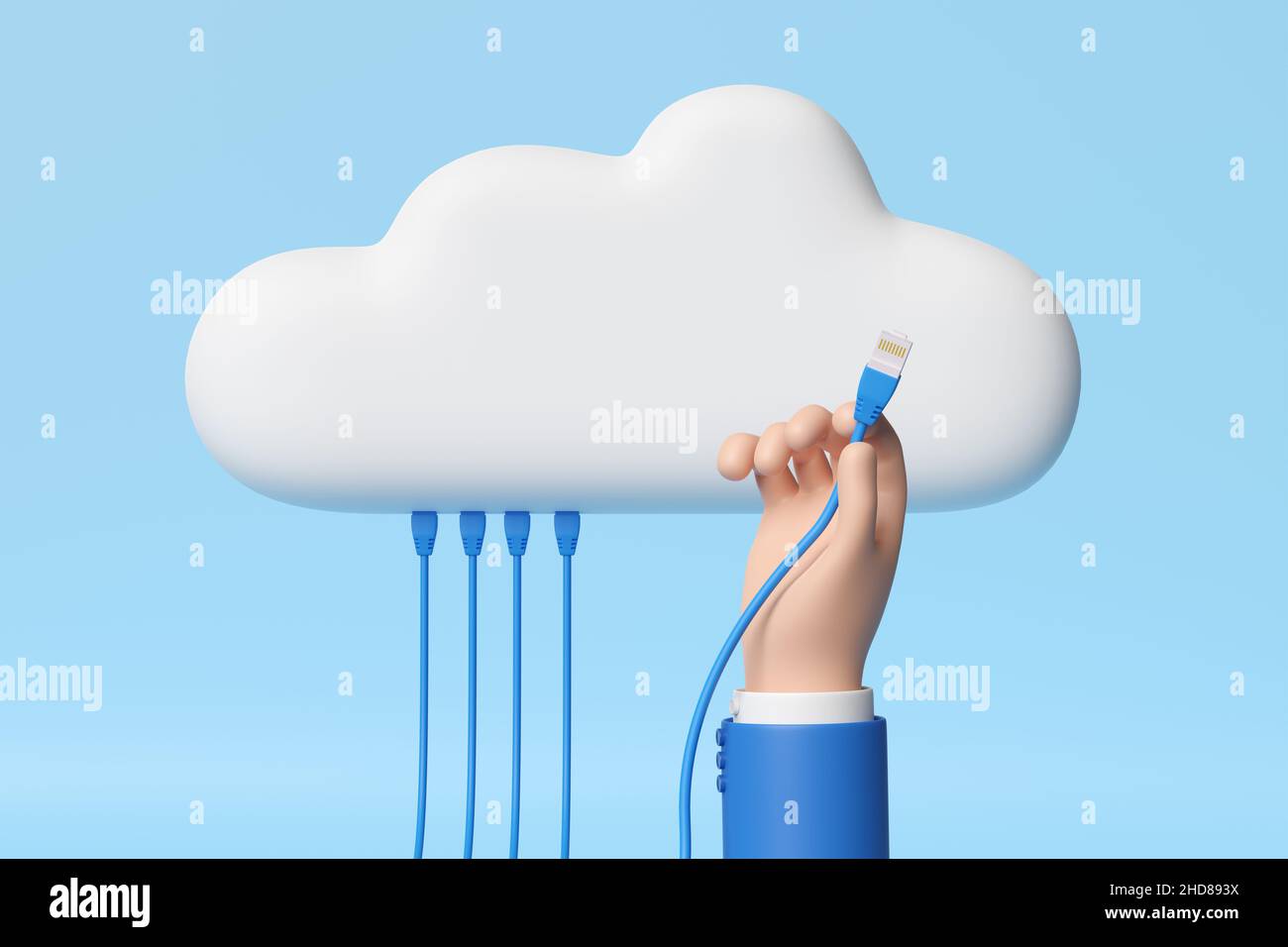 Cartoon-Hand, die ein Netzwerkkabel mit einer Cloud verbindet. 3D Abbildung. Stockfoto