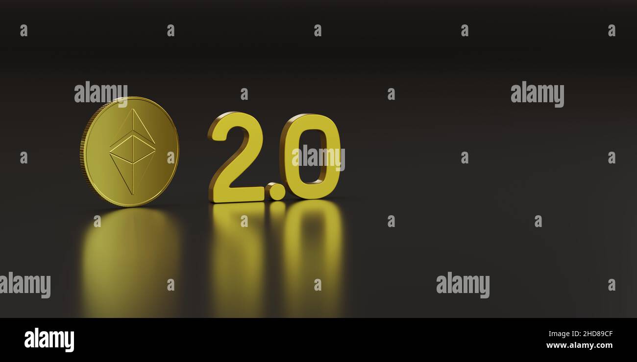 Buenos Aires, Argentinien - 4th. Januar 2022: Äther-Münze weiter 2,0 Text. Ethereum 2,0 Konzept. 3D Abbildung. Stockfoto