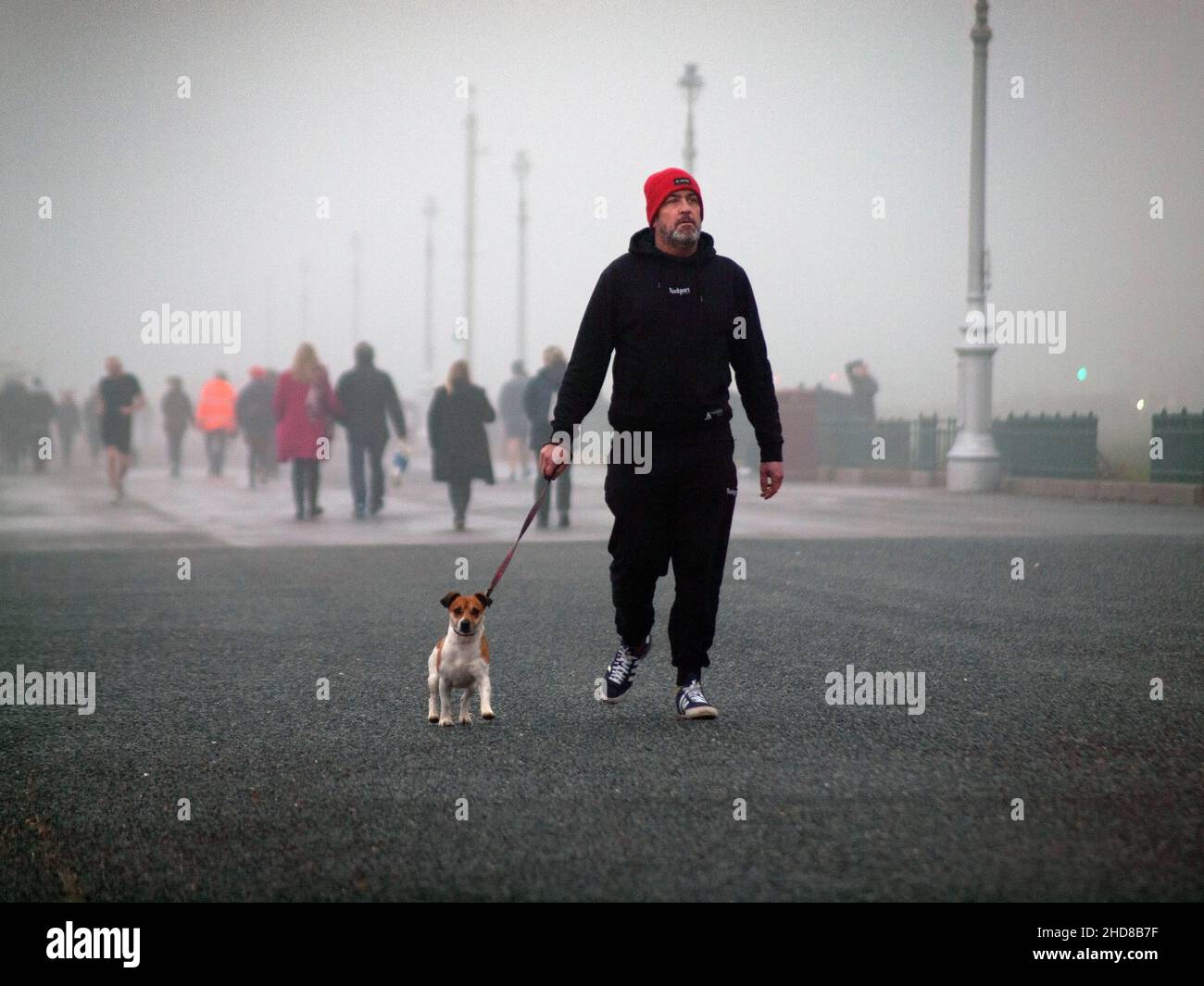 Ein nebliger Wintertag auf der Promenade in Hove, Brighton Stockfoto