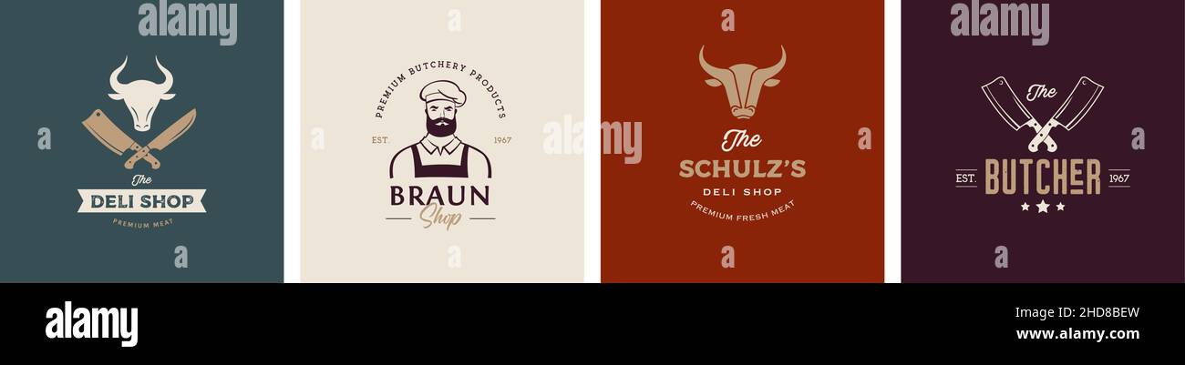 Metzgerei, Gourmet, Delikatessengeschäft Logo Design. Hipster-Metzger, Messer und Kuhsymbole Stock Vektor