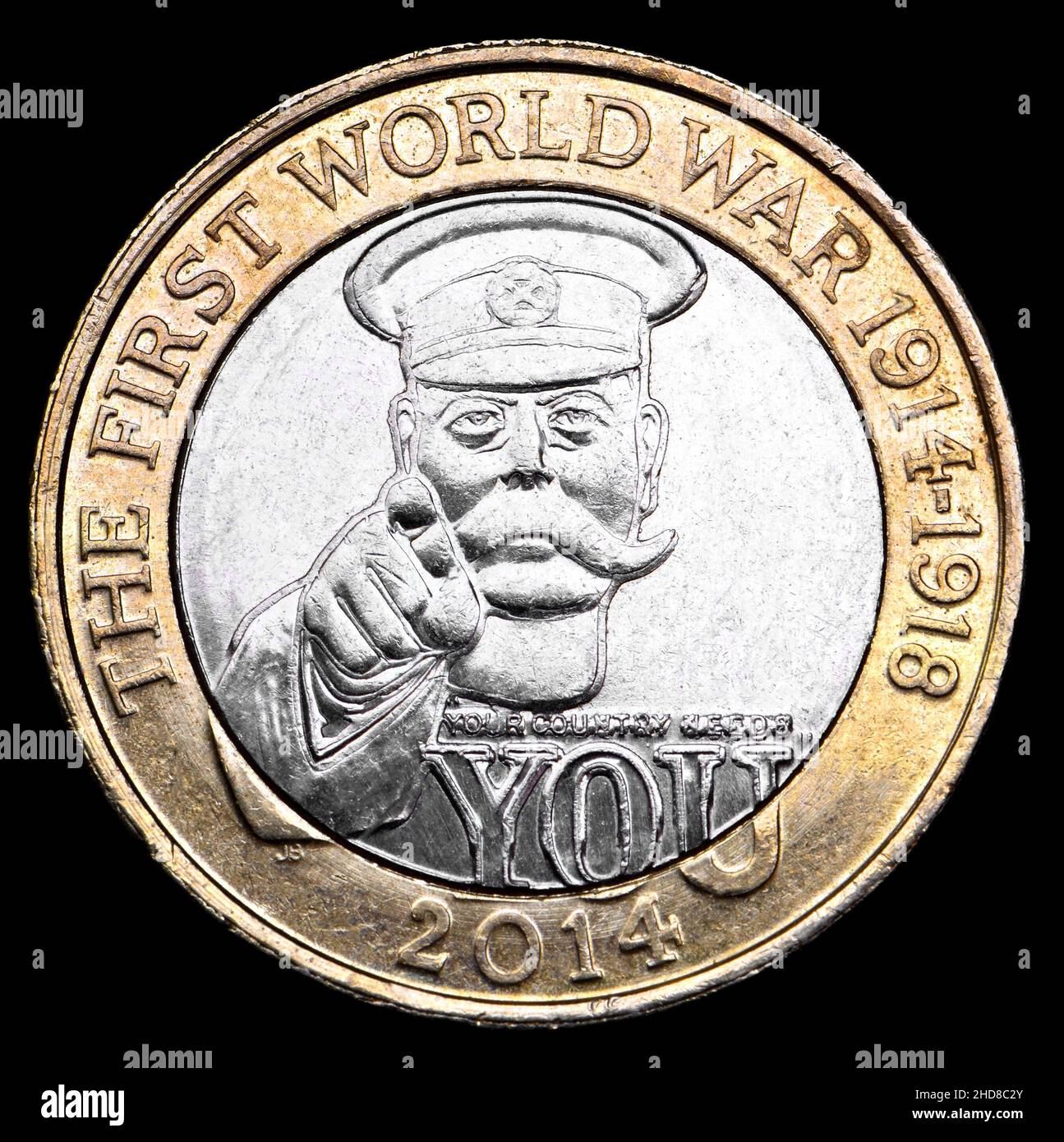 Britische Bimetallmünze £2 (2014) DIE LAMPEN GEHEN IN GANZ EUROPA aus - 100th. Jahrestag des Ersten Weltkriegs - Ausbruch. Entworfen von John Berg Stockfoto