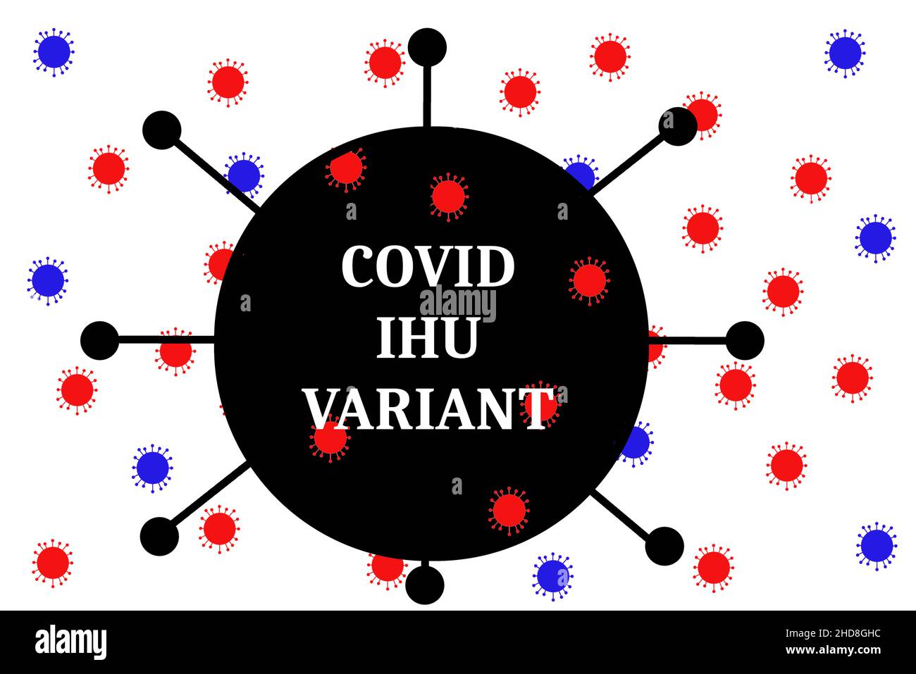 Covid IHU Variante mit 46 Mutationen isoliert auf einem covid Symbol Hintergrund Stockfoto