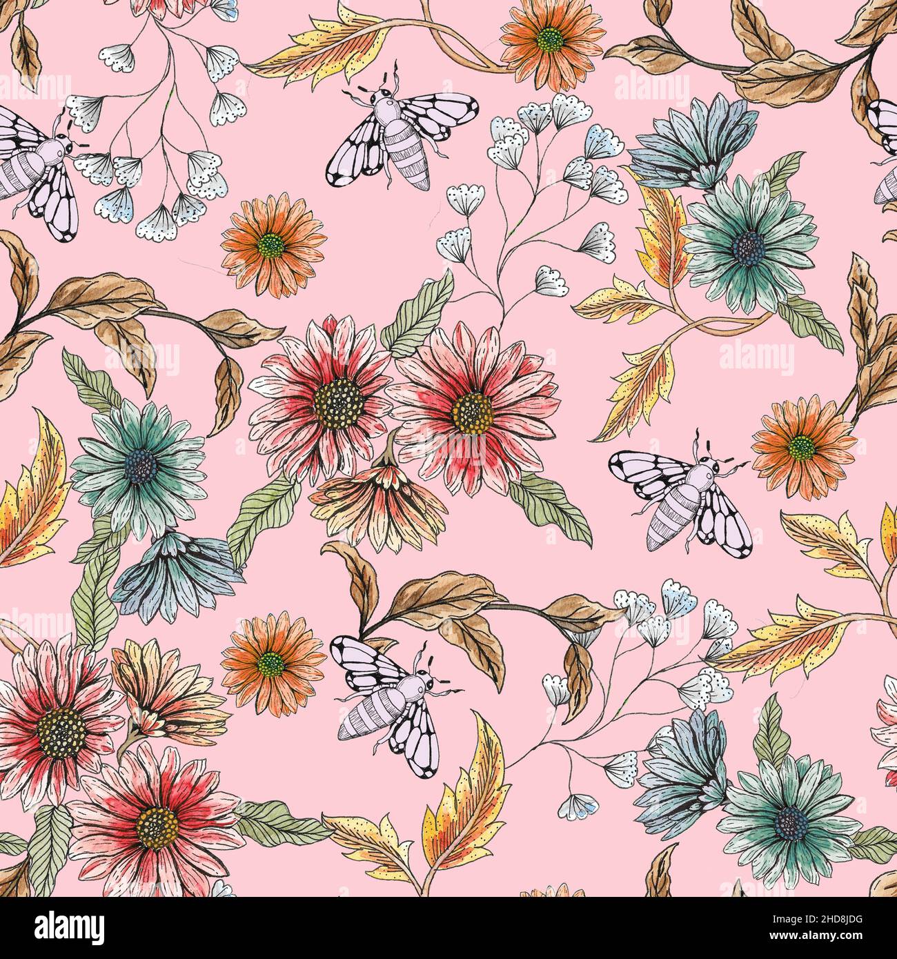 Handbemaltes Aquarell-Design mit nahtlosem Blumenmuster Stockfoto