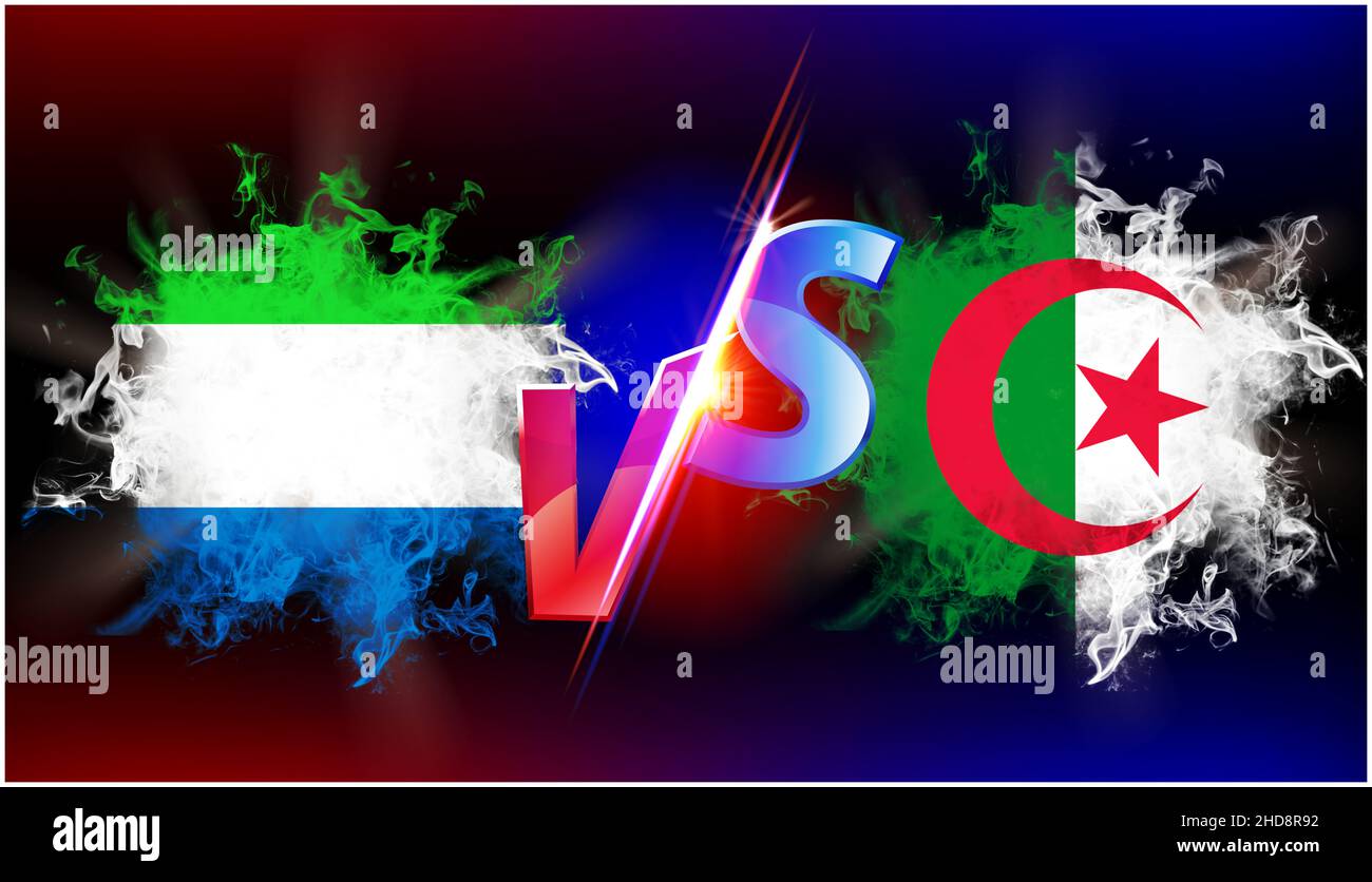Algerien und Sierra Leone andauernder Handelskrieg. Flagge zweier Länder gegenüber mit vs-Text und schwarzem Hintergrund Stockfoto