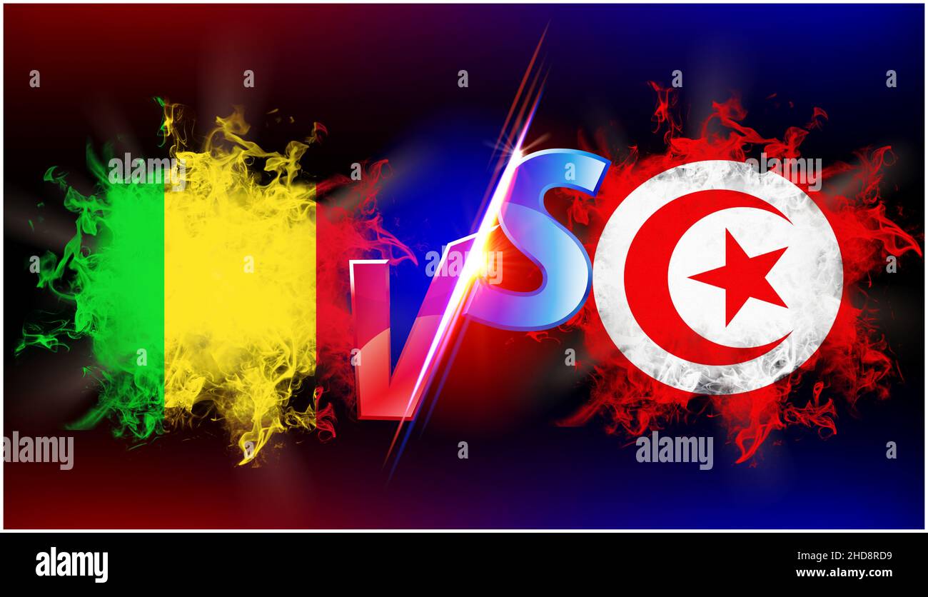 Tunesien und Mali andauernder Handelskrieg. Flagge zweier Länder gegenüber mit vs-Text und schwarzem Hintergrund Stockfoto
