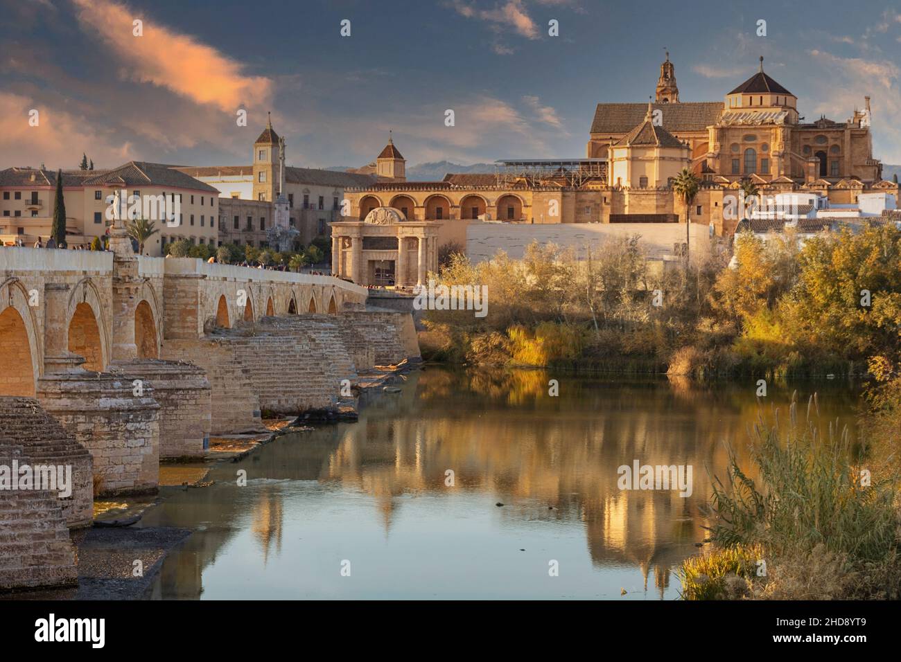 CORDOBA ANDALUCIA SPANIEN WINTERBÄUME DIE MOSCHEE KATHEDRALE UND DIE RÖMISCHE BRÜCKE ÜBER DEN GUADALQUIVIR FLUSS Stockfoto