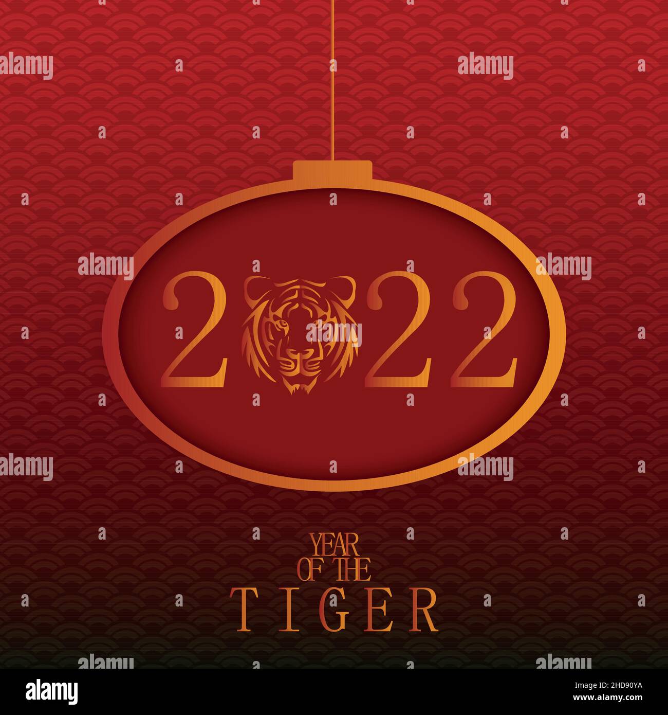 Chinesisches Neujahr 2022. Grußkarte, die das Jahr des Tigers darstellt. Horizontaler Hintergrund in Rot und Gold mit chinesischen Elementen Stock Vektor