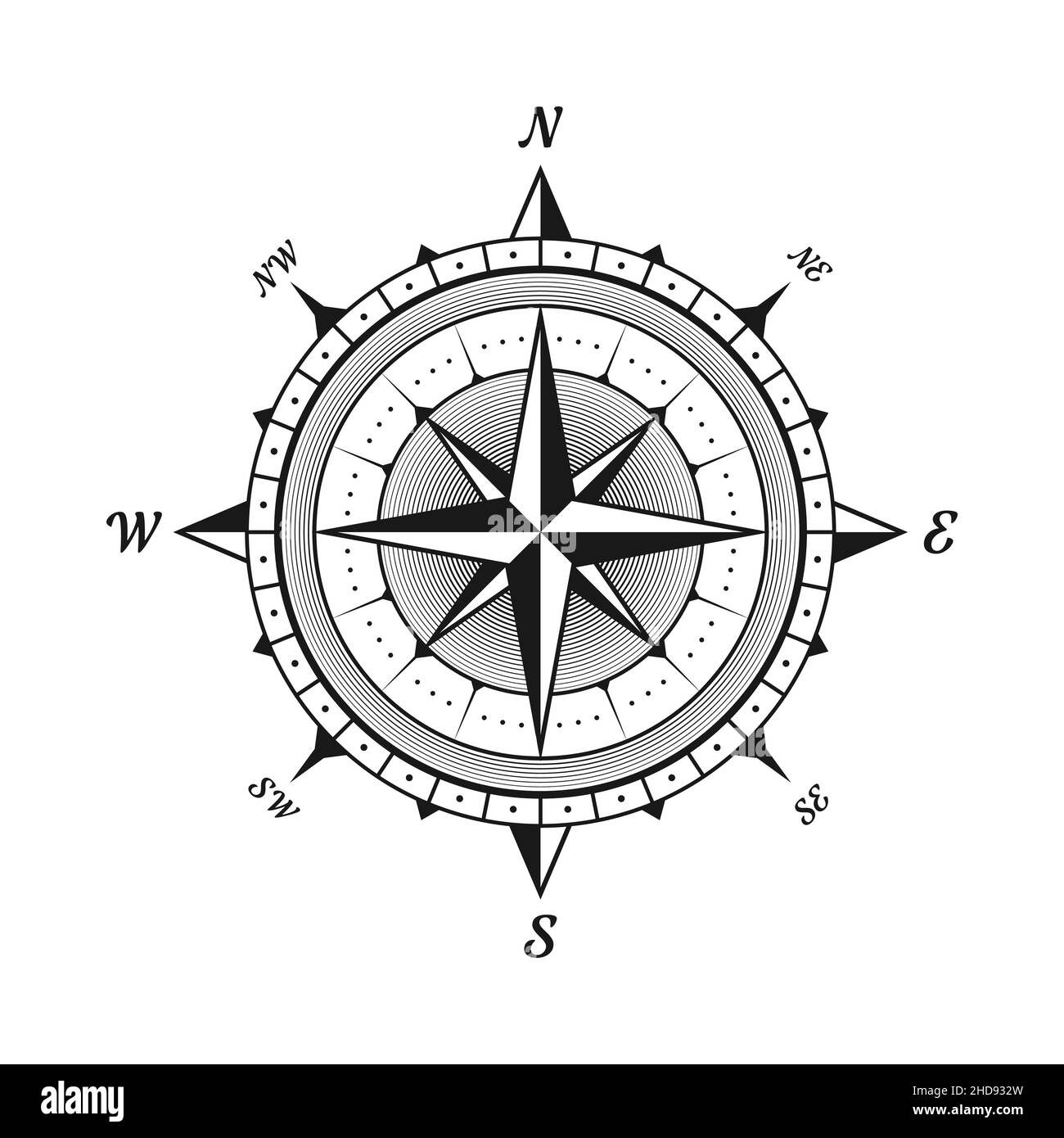 Vintage Marine Wind Rose, Seekarte. Monochromer Navigationskompass mit Himmelsrichtungen von Nord, Ost, Süd, West. Geografische Lage Stock Vektor