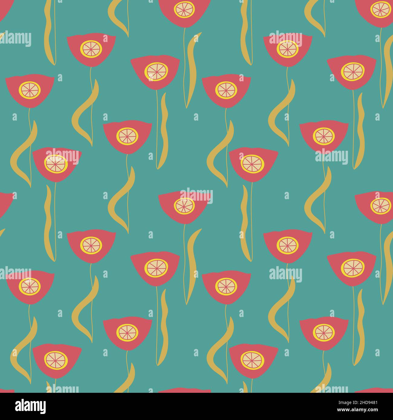 Blumenmuster mit roten Tulpen auf grünem Hintergrund. Nahtloser Ditsy-Druck Stock Vektor