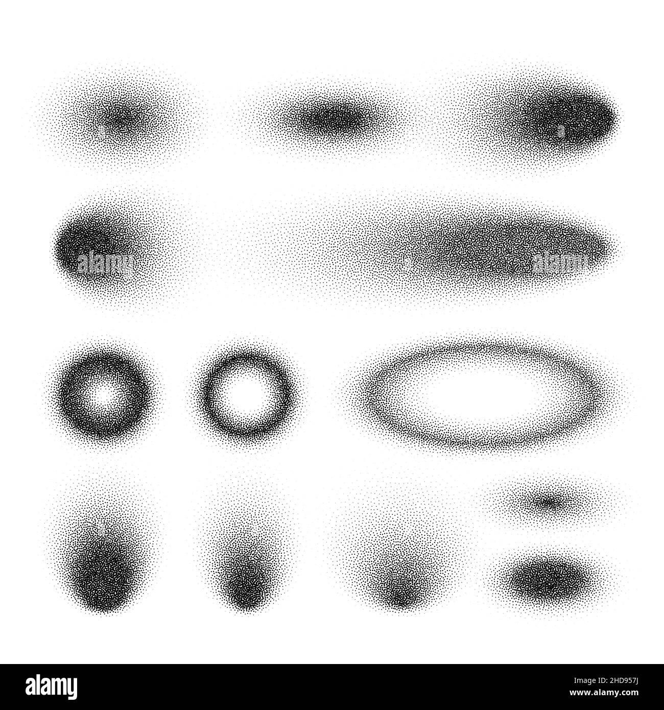 Gestrichelte Schatten, gepunktete Designelemente. Verblassender Verlauf. Stippeln, Dotwork-Zeichnen, Schattierung mit Punkten. Pixelzerfall, Halbtoneffekt Stock Vektor