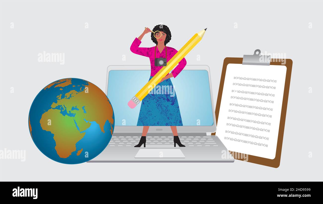 Frau mit Kamera, Bleistift, goldener Lupe, Laptop, Notizbuch und Planet Erde. Vektorgrafik. Dimension 16:9. Stock Vektor