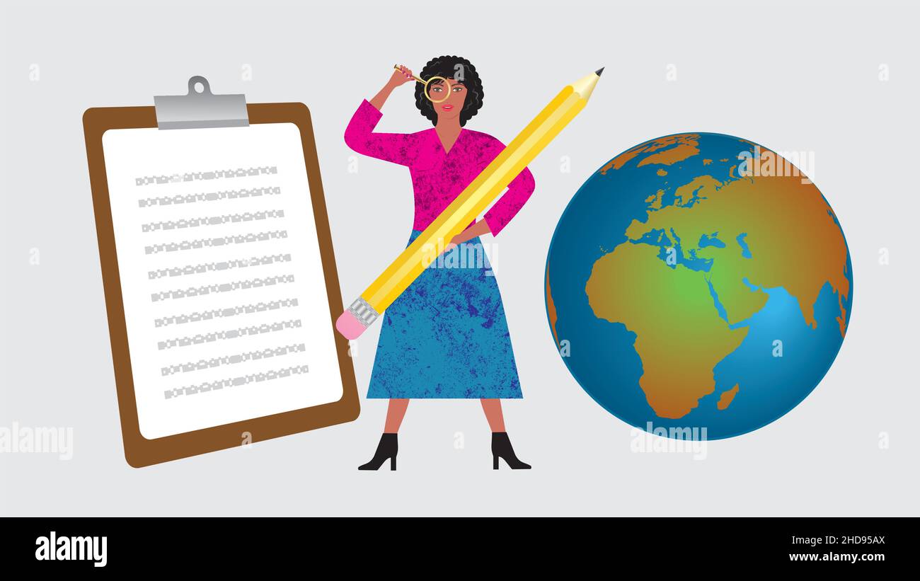 Frau mit Bleistift, goldener Lupe, Laptop, Notizbuch und Planet Erde Globus. Vektorgrafik. Dimension 16:9. Stock Vektor