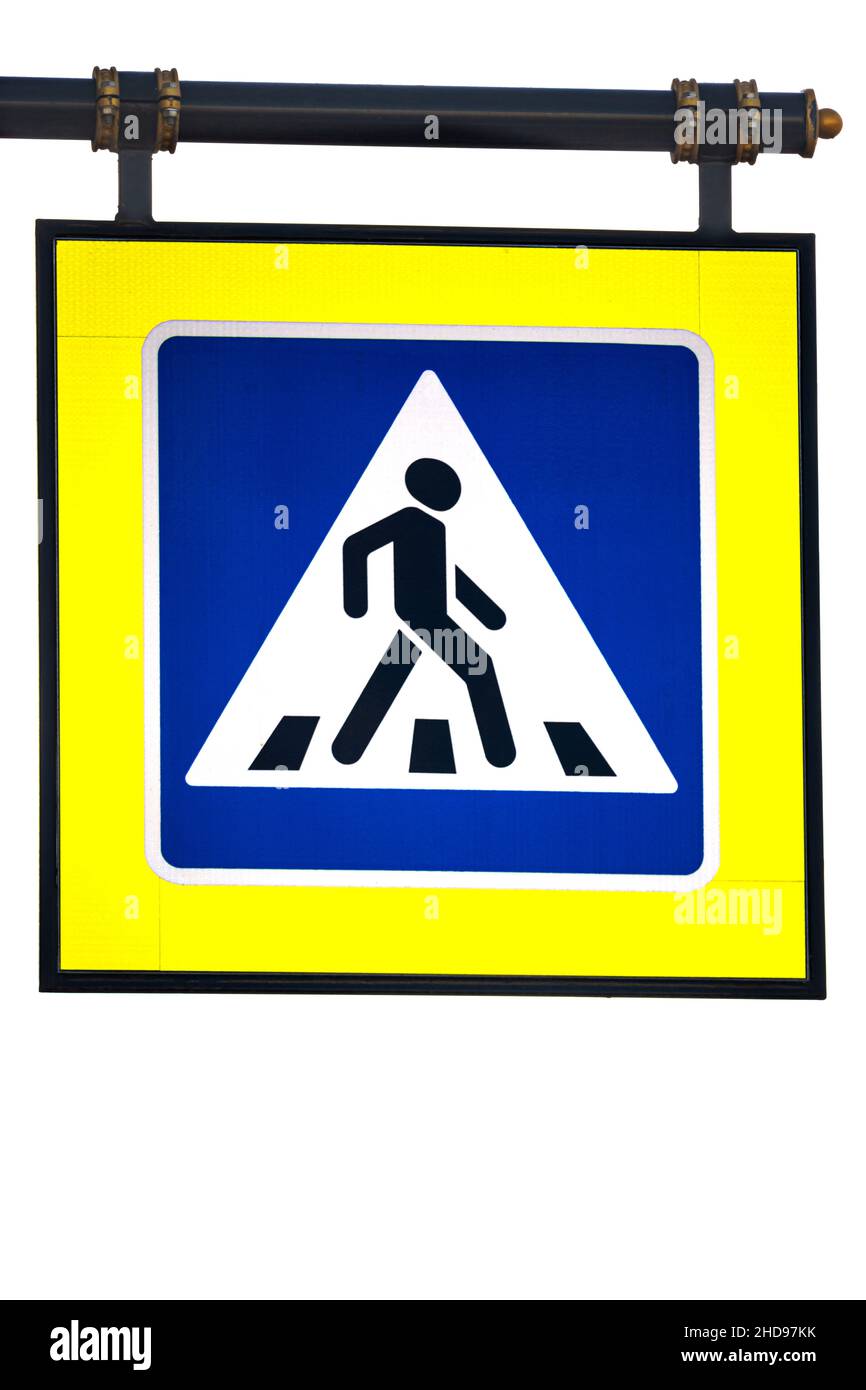 Fußgängerübergangsstraßenschild an der Querlatte angebracht Stockfoto