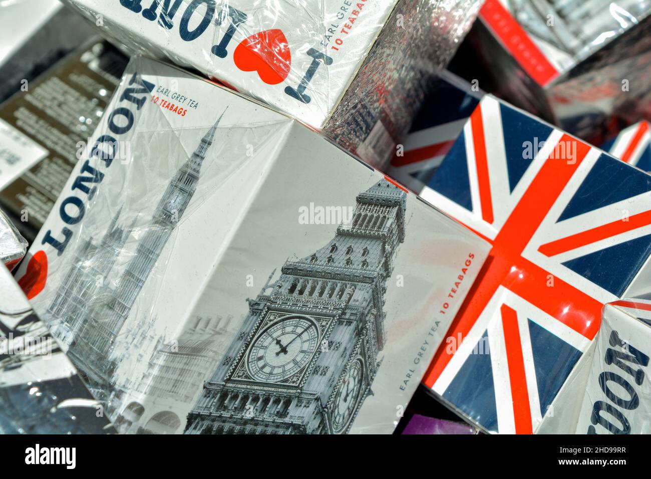 Nahaufnahme von I Love London Earl Grey Teebeuteln und Erinnerungsstücken, London, England, Großbritannien Stockfoto