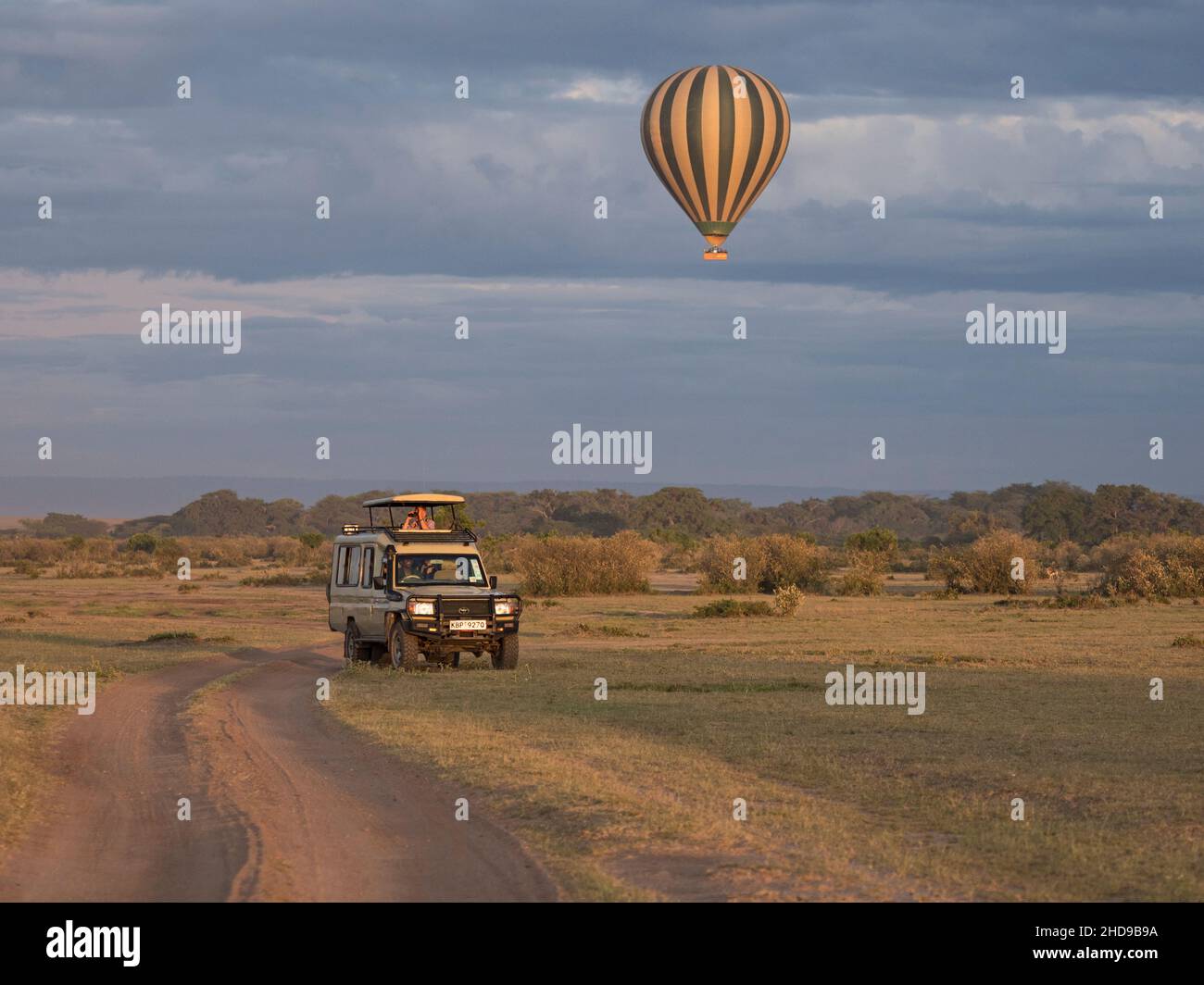 Blick auf Wildlife Watching Vehicle und Heißluftballon, im Morgenlicht, Nordosten Masai Mara, Kenia Stockfoto