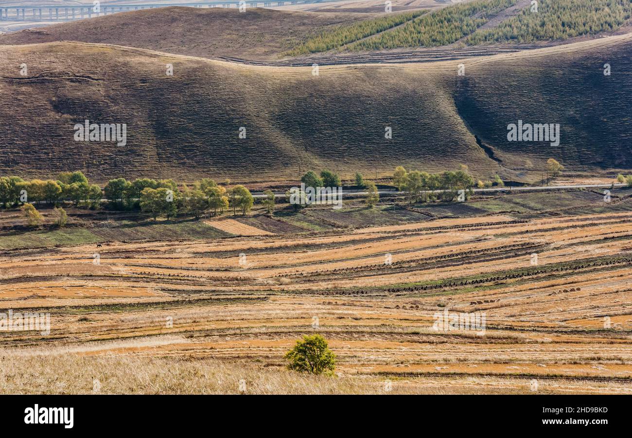 Faszinierender Blick auf eine wunderschöne Berglandschaft mit Getreidefeldern Stockfoto