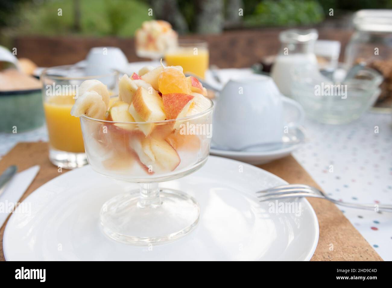 Zum Frühstück in Scheiben geschnittenes Obst in einem Glas Stockfoto