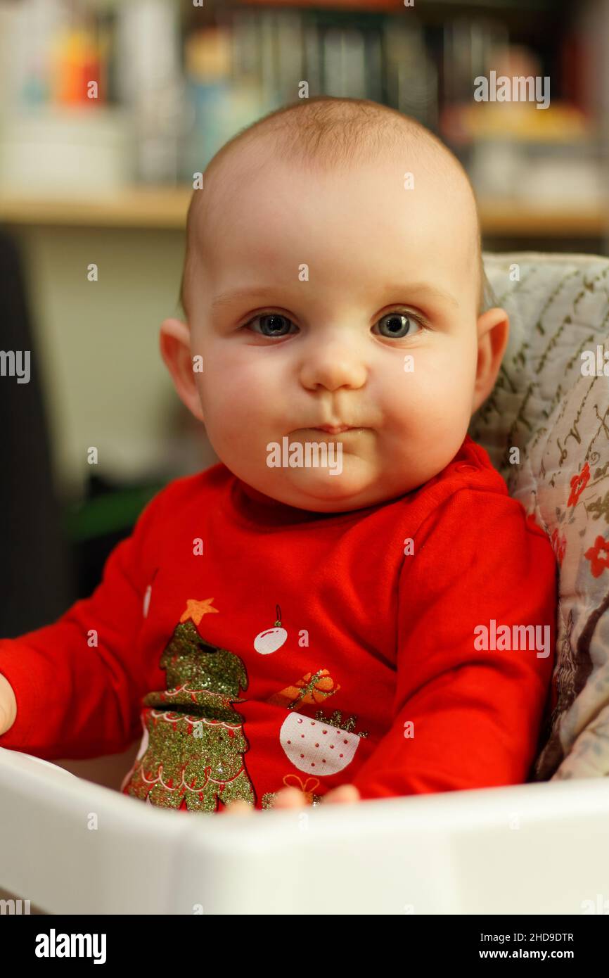 Porträt eines kaukasischen niedlichen Babys in einem Weihnachtspullover mit Blick auf die Kamera Stockfoto