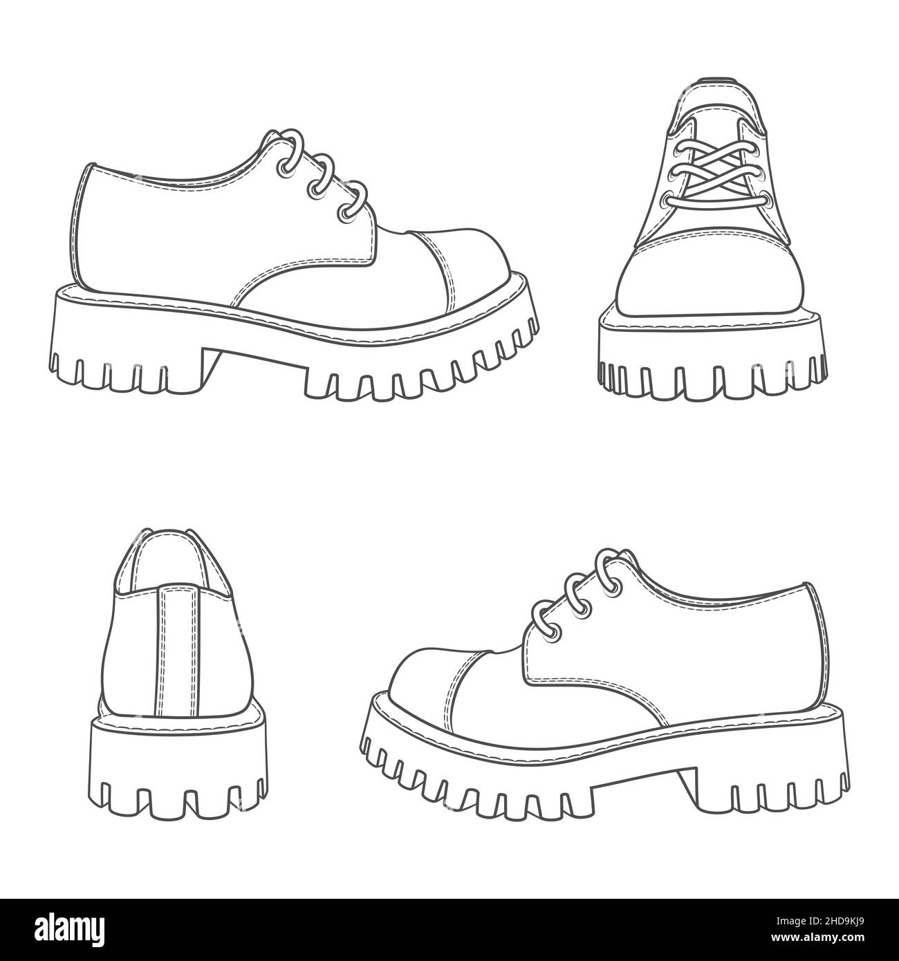 Set mit schwarzen und weißen Illustrationen mit Stiefeln. Isolierte Vektorobjekte auf weißem Hintergrund. Stock Vektor