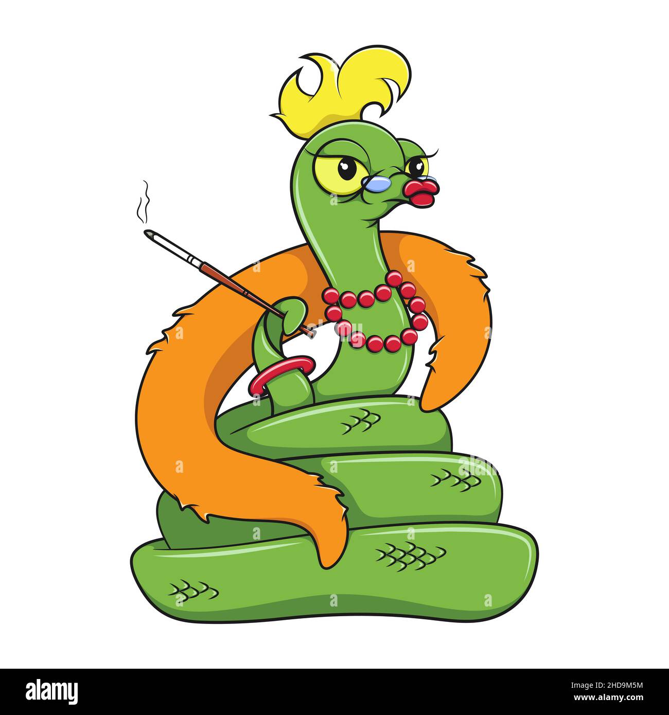 Illustration mit einer Zeichentrickschlange mit einer Zigarette im Mundstück und einem Pelzumhang. Farbiger Vektor isoliertes Objekt auf weißem Hintergrund. Stock Vektor