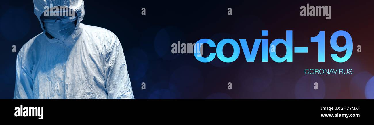 Covid-19 Coronavirus-Krankheit Panorama-Banner mit epidemiologischer Ärztin in Schutzkleidung Stockfoto