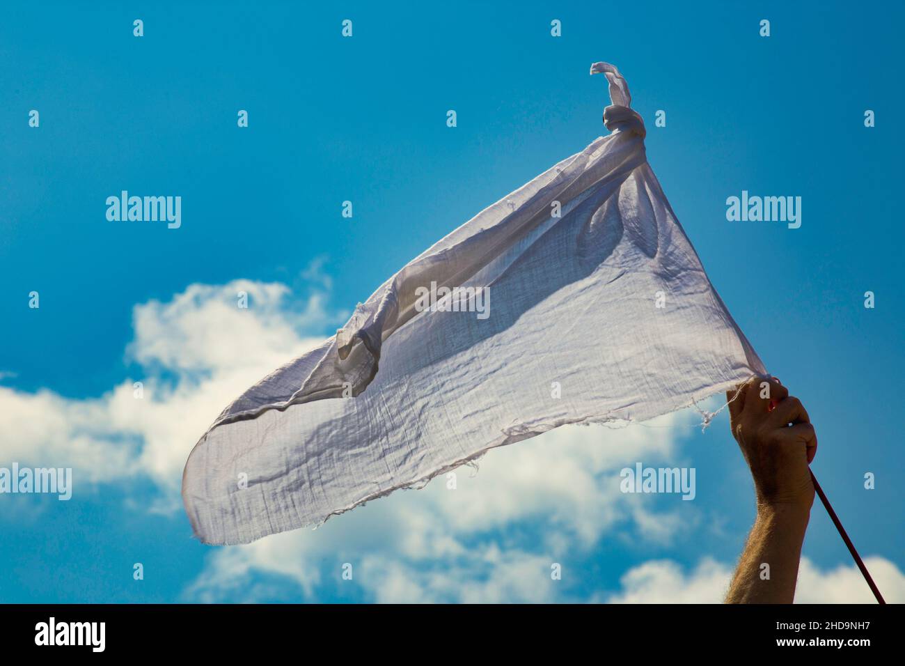 Weiße Fahne schwenkte Kapitulation gegen blauen Himmel Stockfoto