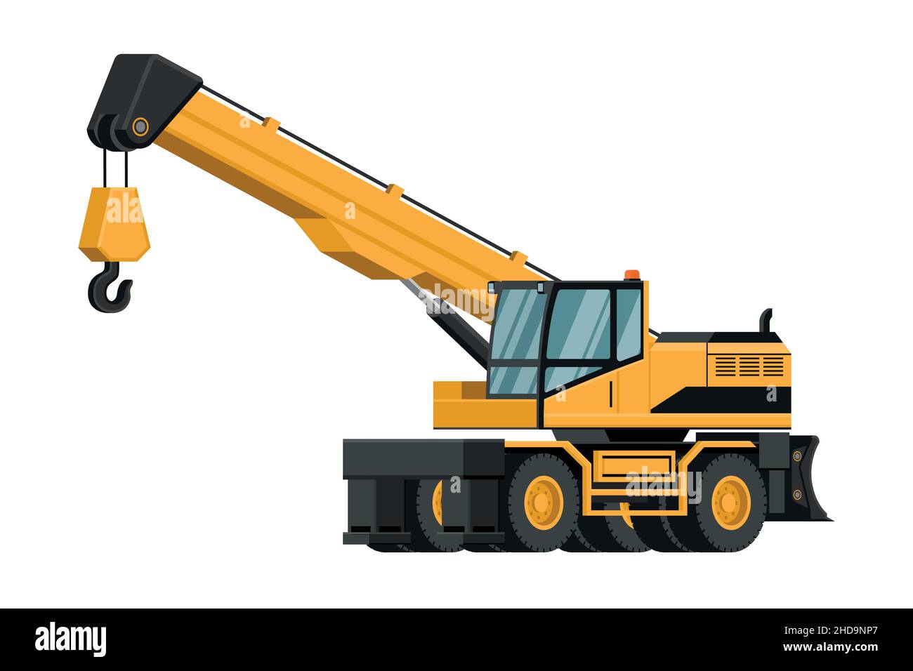 3D schwere Maschinen mit gelben Teleskopkranrädern auf weißem Hintergrund. Stock Vektor