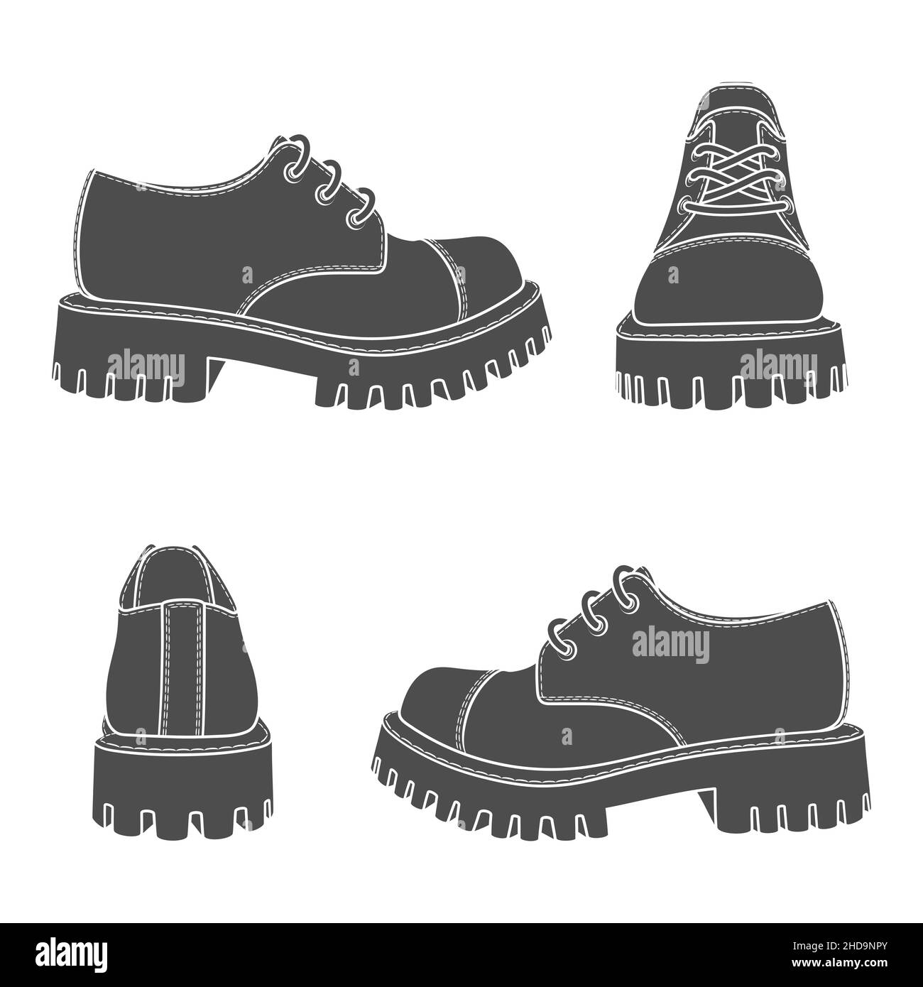 Set mit schwarzen und weißen Illustrationen mit Stiefeln. Isolierte Vektorobjekte auf weißem Hintergrund. Stock Vektor