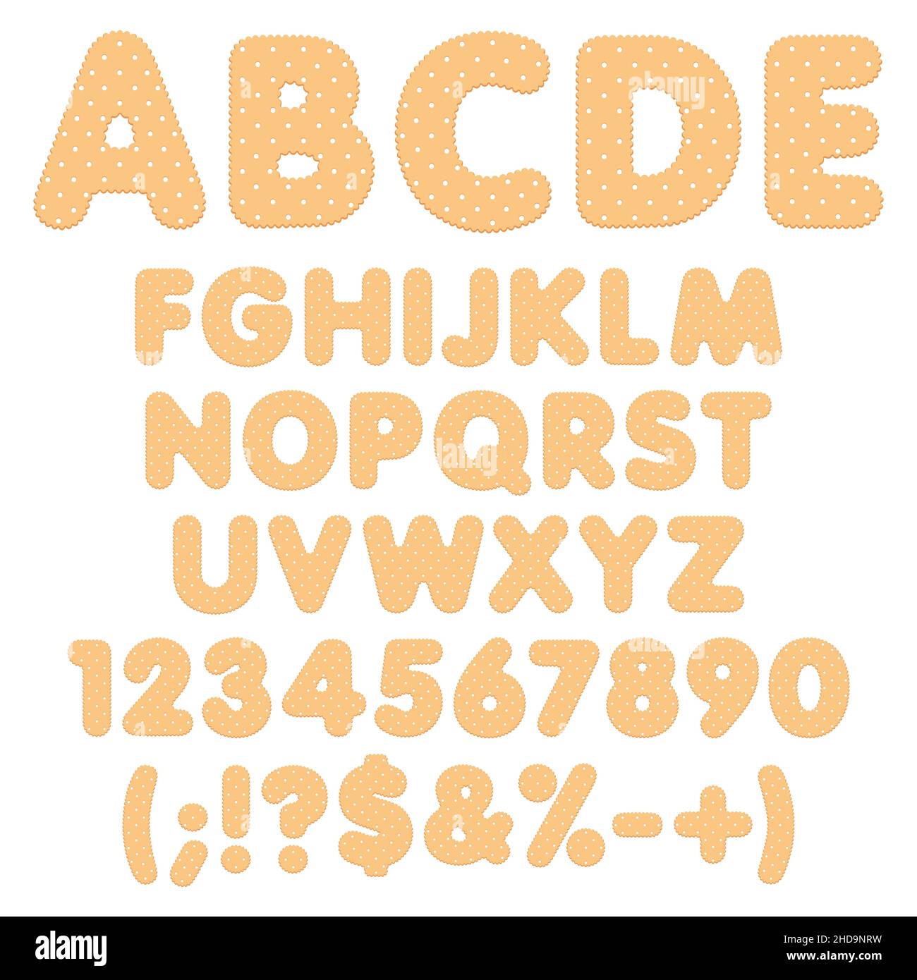 Alphabet, Buchstaben, Zahlen und Zeichen aus gemeißelten Cookies. Satz farbiger isolierter Vektorobjekte auf weißem Hintergrund. Stock Vektor