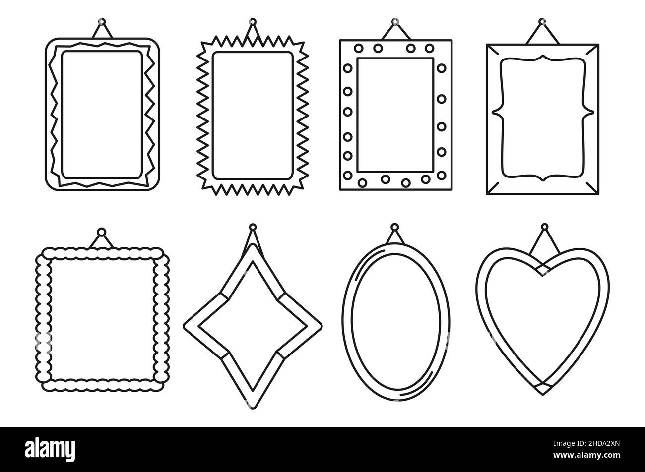 Rahmen in verschiedenen Variationen des Sets. Dekoration einfaches Haus, Wände, Zimmer. Silhouette und lineare schwarze Objekte. Sammlung von Rahmen für ein Foto. Stilvolles, gemütliches Zuhause. Vektorgrafik Stock Vektor