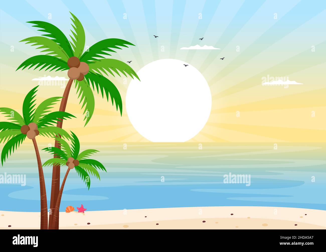 Meer Sonnenaufgang Landschaft über Morgen Szene Ozean mit Wolken, Wasseroberfläche, Palme und Strand in flachem Hintergrund Illustration für Banner Stock Vektor