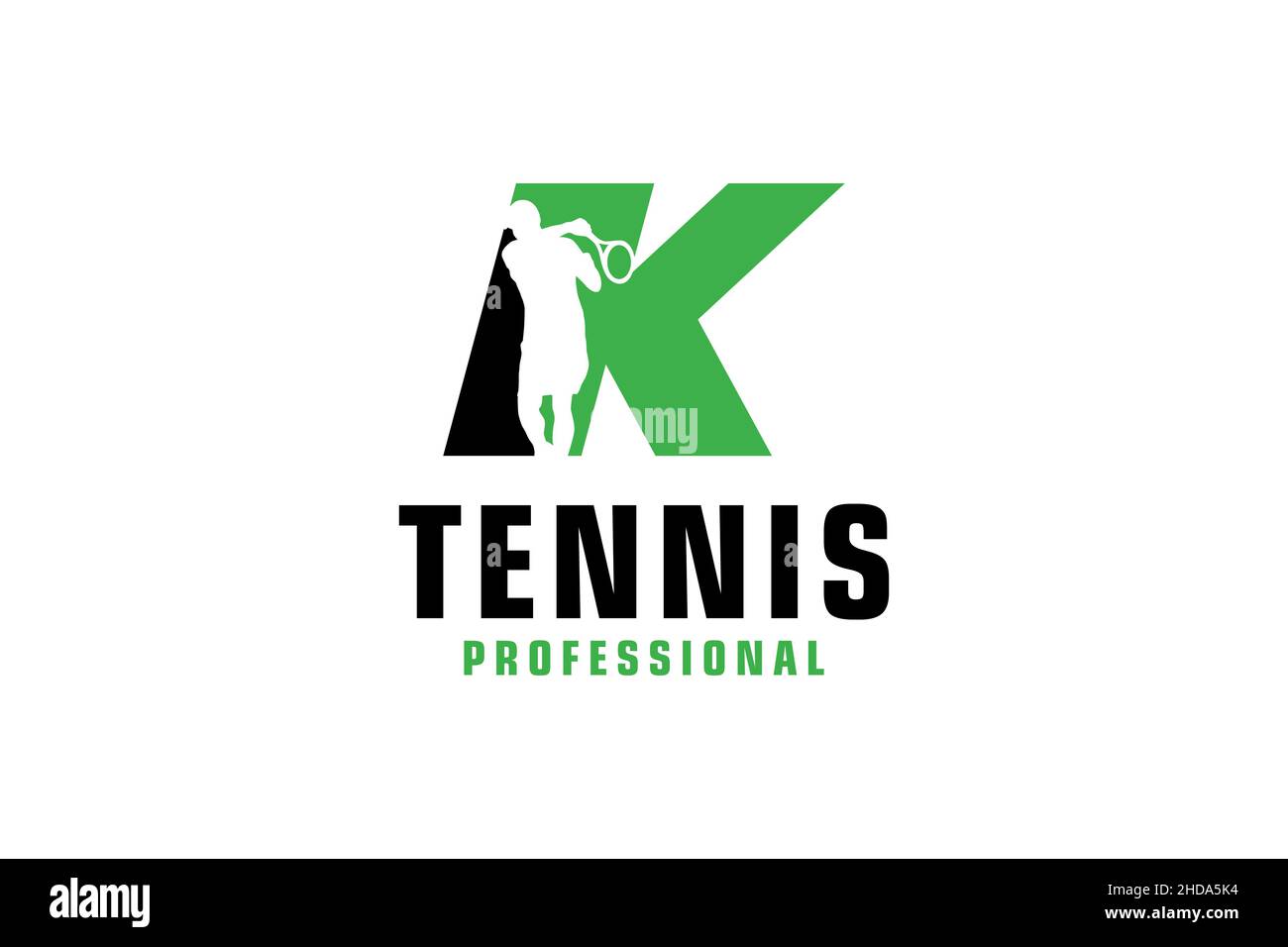 Buchstabe K mit Tennis Spieler Silhouette Logo Design. Vektor Design Template Elemente für Sport Team oder Corporate. Stock Vektor