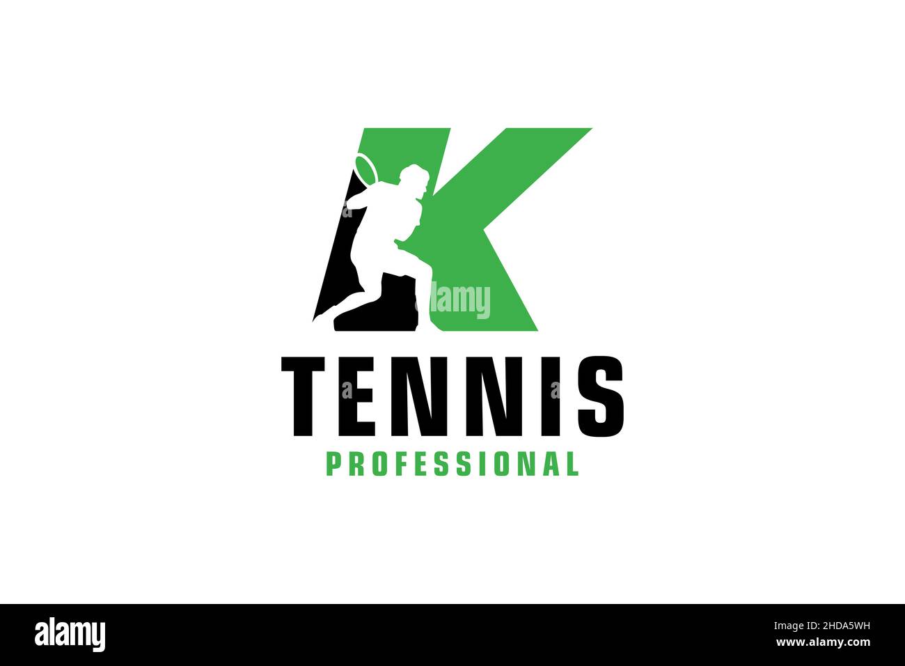 Buchstabe K mit Tennis Spieler Silhouette Logo Design. Vektor Design Template Elemente für Sport Team oder Corporate. Stock Vektor