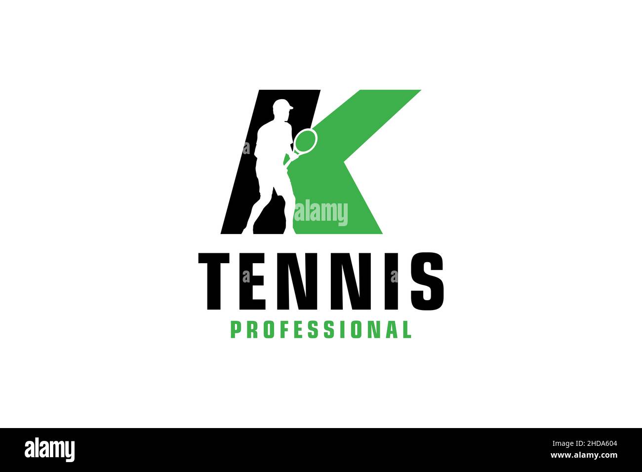 Buchstabe K mit Tennis Spieler Silhouette Logo Design. Vektor Design Template Elemente für Sport Team oder Corporate. Stock Vektor