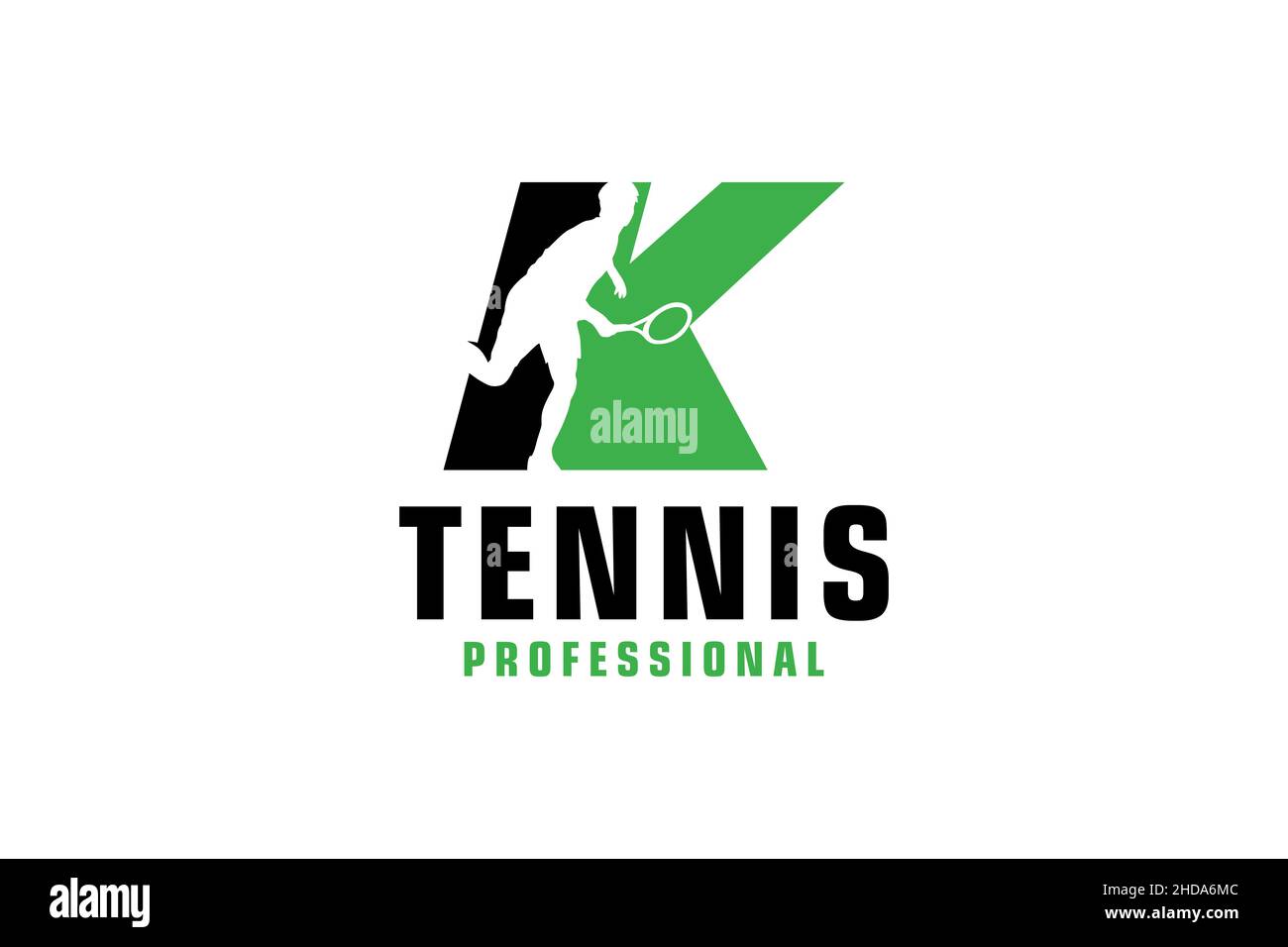 Buchstabe K mit Tennis Spieler Silhouette Logo Design. Vektor Design Template Elemente für Sport Team oder Corporate. Stock Vektor
