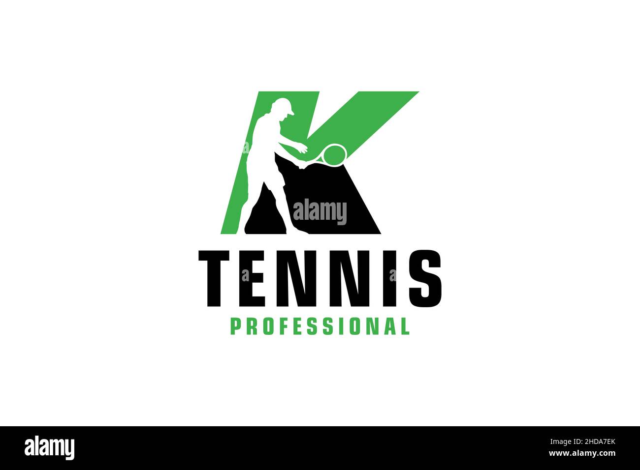Buchstabe K mit Tennis Spieler Silhouette Logo Design. Vektor Design Template Elemente für Sport Team oder Corporate. Stock Vektor