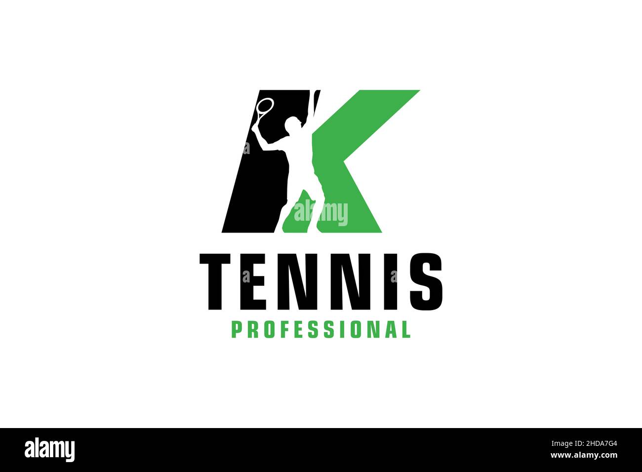 Buchstabe K mit Tennis Spieler Silhouette Logo Design. Vektor Design Template Elemente für Sport Team oder Corporate. Stock Vektor