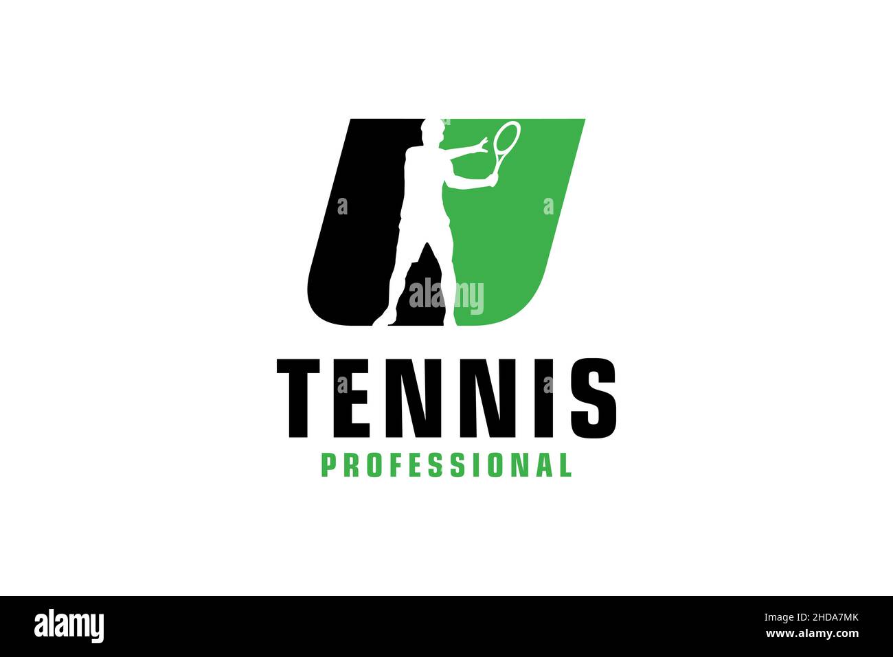 Buchstabe U mit Tennis Spieler Silhouette Logo Design. Vektor Design Template Elemente für Sport Team oder Corporate. Stock Vektor