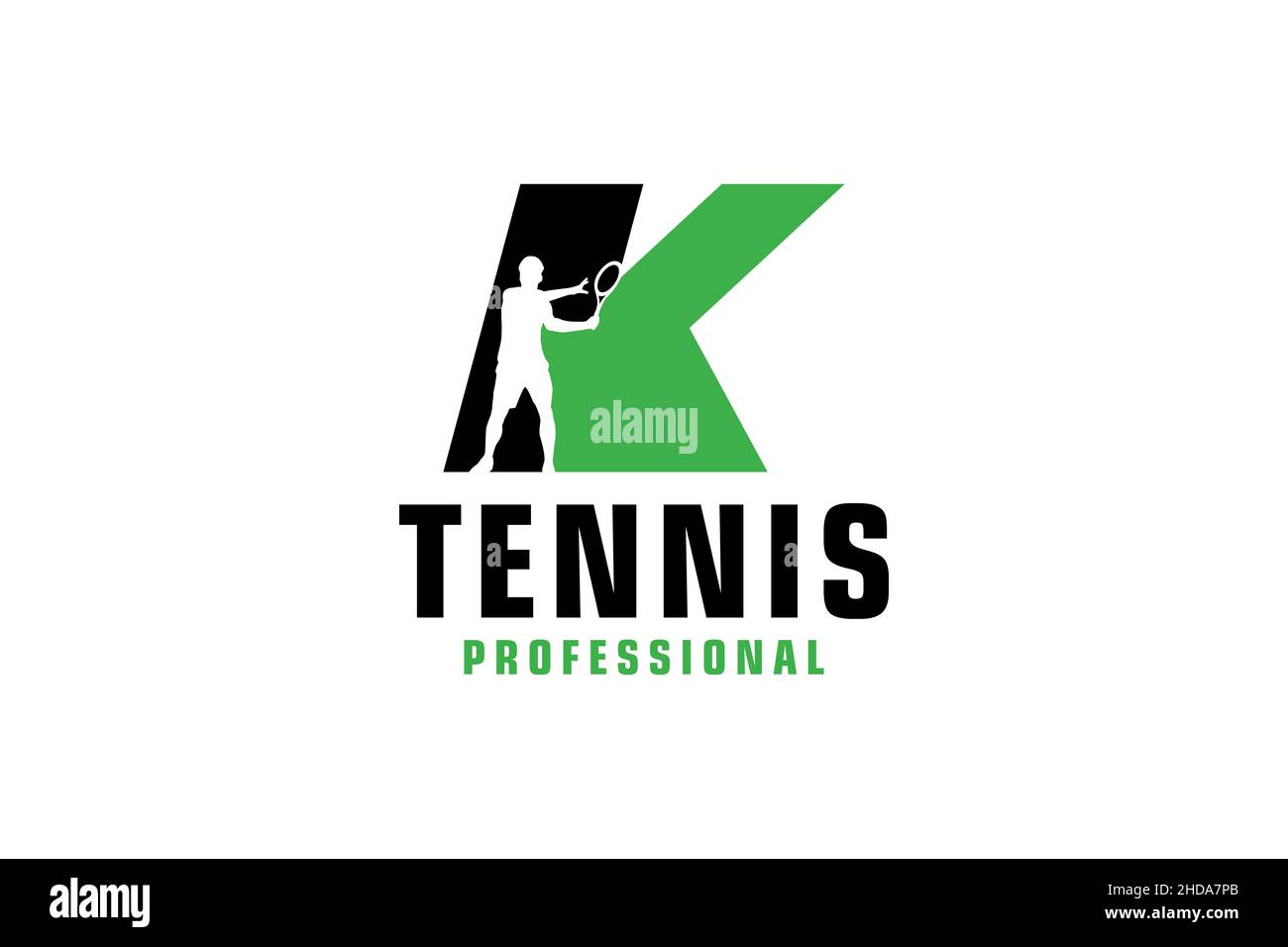 Buchstabe K mit Tennis Spieler Silhouette Logo Design. Vektor Design Template Elemente für Sport Team oder Corporate. Stock Vektor
