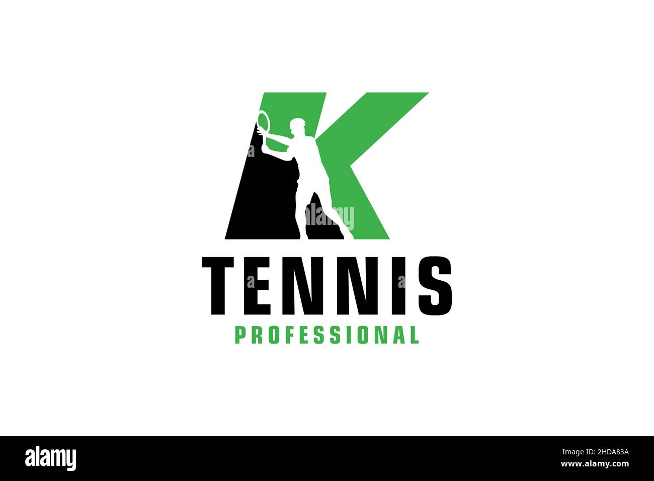 Buchstabe K mit Tennis Spieler Silhouette Logo Design. Vektor Design Template Elemente für Sport Team oder Corporate. Stock Vektor