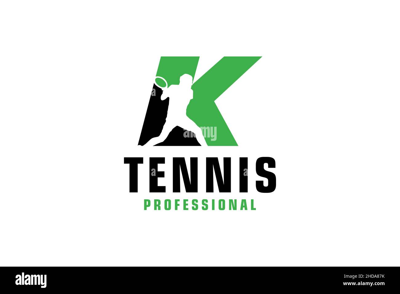 Buchstabe K mit Tennis Spieler Silhouette Logo Design. Vektor Design Template Elemente für Sport Team oder Corporate. Stock Vektor
