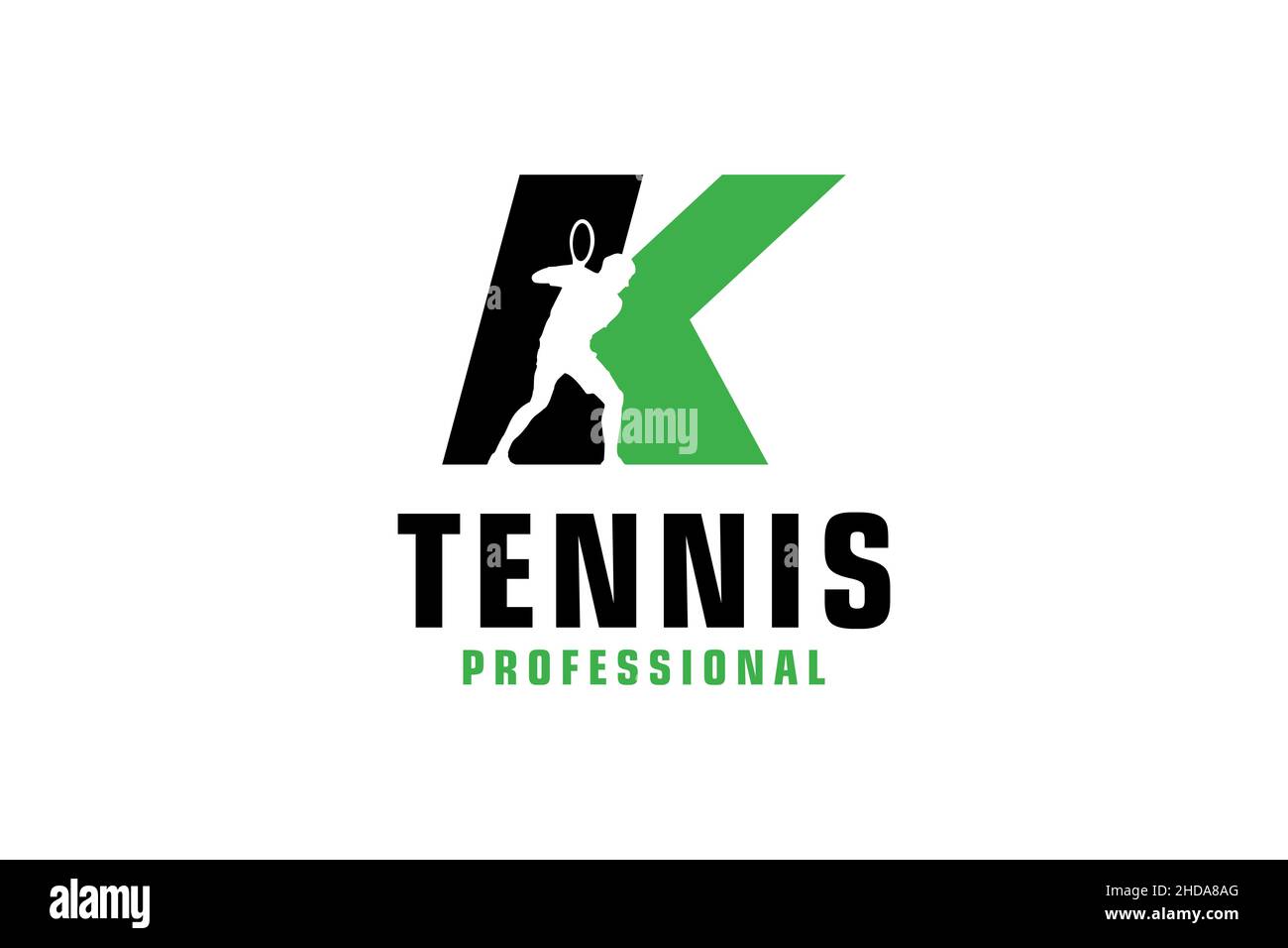Buchstabe K mit Tennis Spieler Silhouette Logo Design. Vektor Design Template Elemente für Sport Team oder Corporate. Stock Vektor