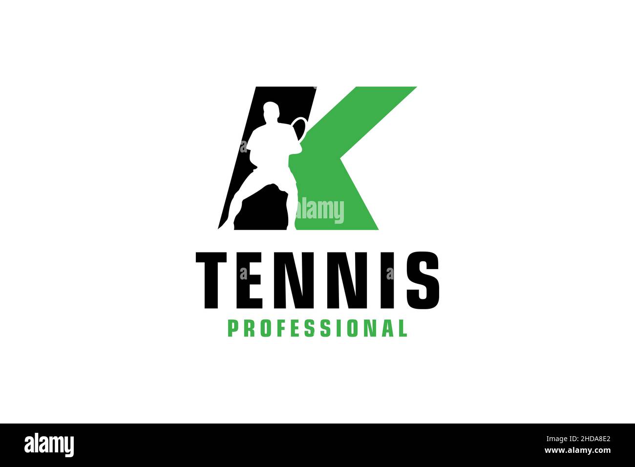 Buchstabe K mit Tennis Spieler Silhouette Logo Design. Vektor Design Template Elemente für Sport Team oder Corporate. Stock Vektor