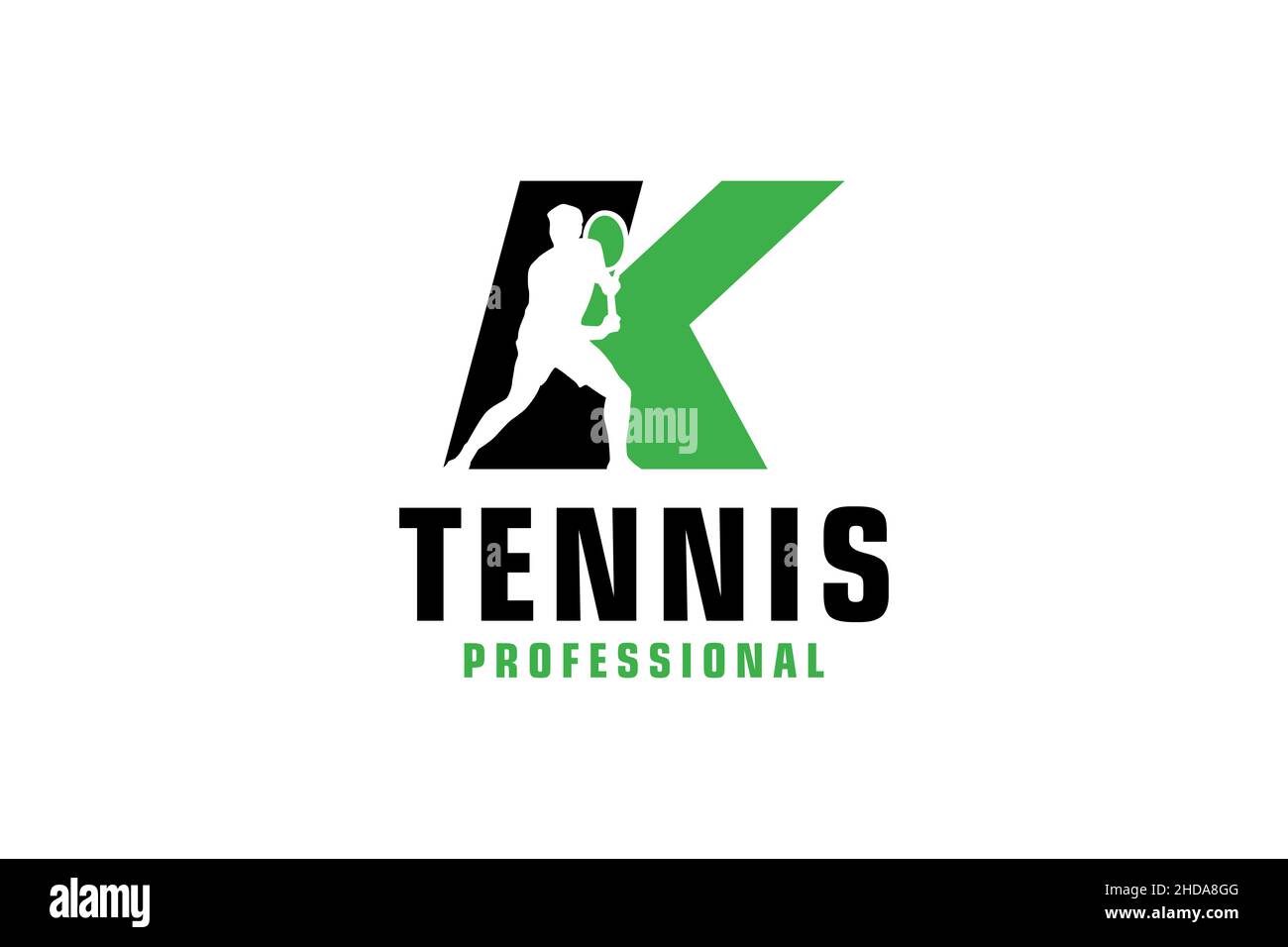 Buchstabe K mit Tennis Spieler Silhouette Logo Design. Vektor Design Template Elemente für Sport Team oder Corporate. Stock Vektor