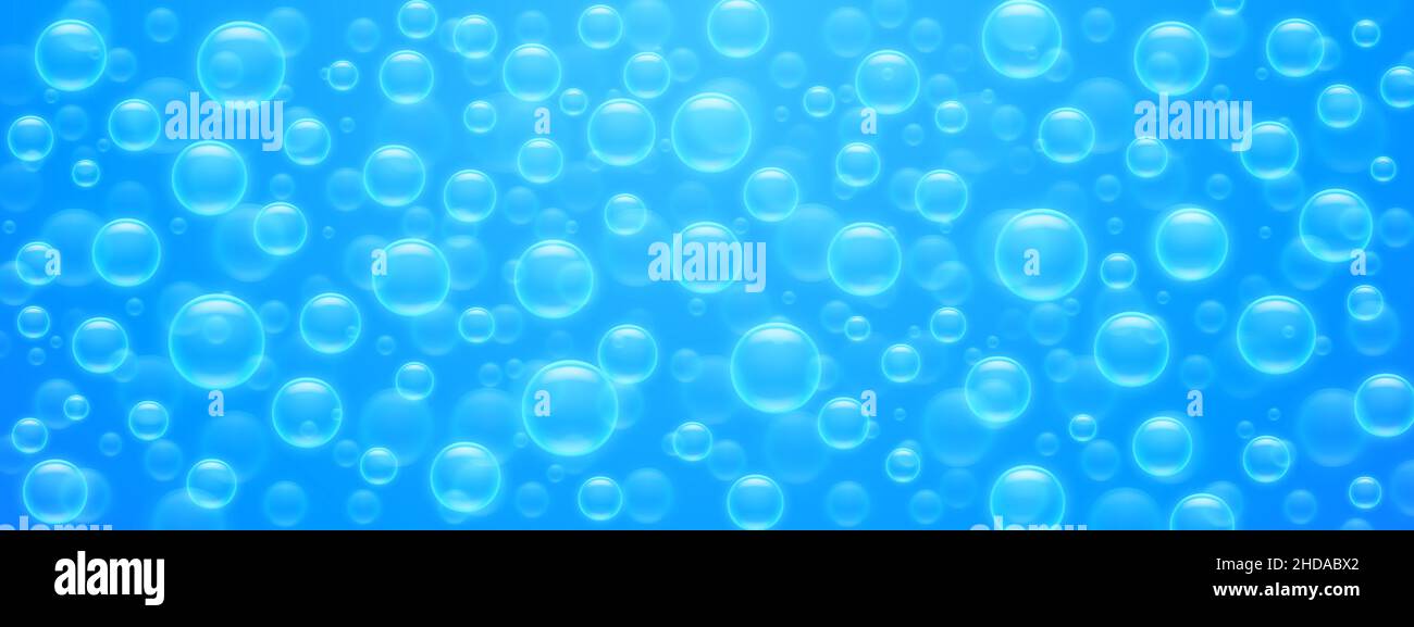 Luftblasen mit nahtlosem Muster auf der blauen Wasseroberfläche. Abstrakter Hintergrund mit transparenter Seife oder Shampoo-Ballons, Unterwasser-Fizzing, Textur oder Tapete-Design, realistische 3D Vektor-Illustration Stock Vektor