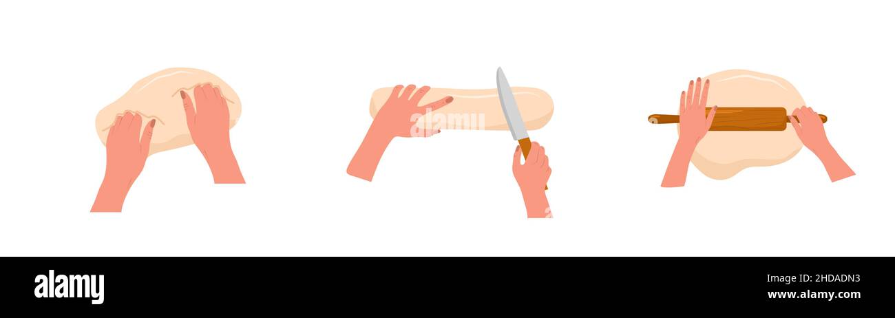 Kneten der Teighände. Frau rollt hausgemachten Teig mit Nudelholz. Draufsicht. Kochschule. Bleiben Sie zu Hause und kochen gesunde Lebensmittel nach Rezept. Vektor Stock Vektor