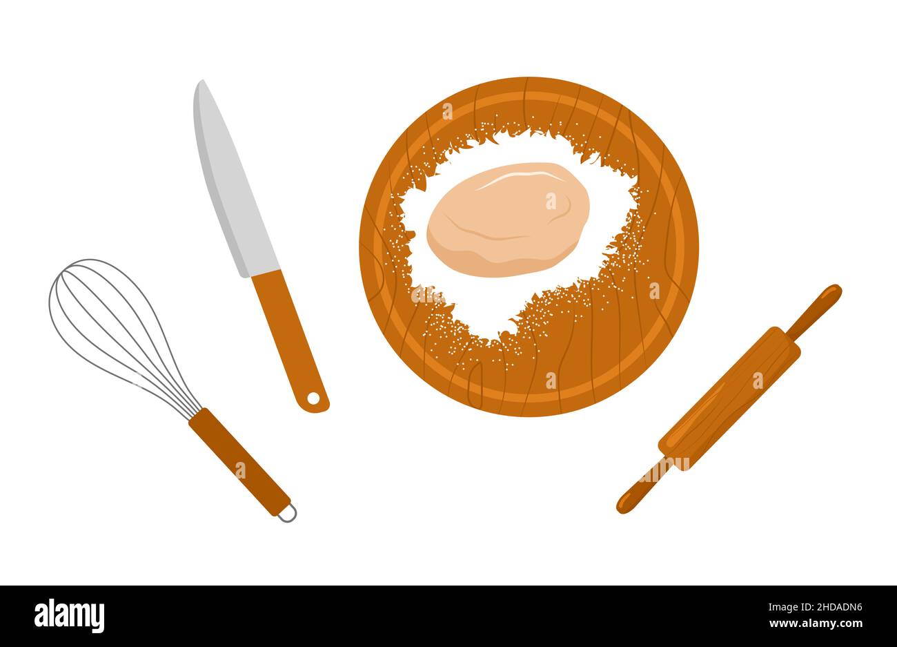 Teig und Nudelholz. Küchenausstattung. Zubereitung hausgemachte Pizza oder Pasta. Draufsicht. Bleiben Sie zu Hause und kochen gesunde Lebensmittel nach Rezept. Vektorgrafik Stock Vektor