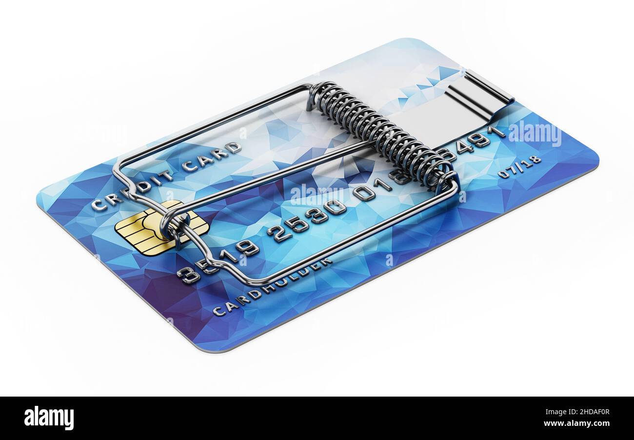 Kreditkarte mit Mausefalle auf weißem Hintergrund isoliert. 3D Abbildung. Stockfoto