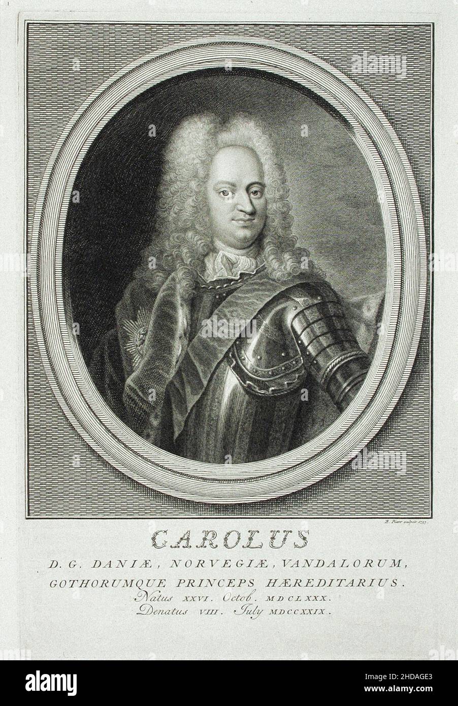 Gravurporträt von Prinz Karl von Dänemark. 1733. Von Bernard Picart Prinz Charles von Dänemark und Norwegen (1680 – 1729) war der vierte Sohn von Chr. Stockfoto