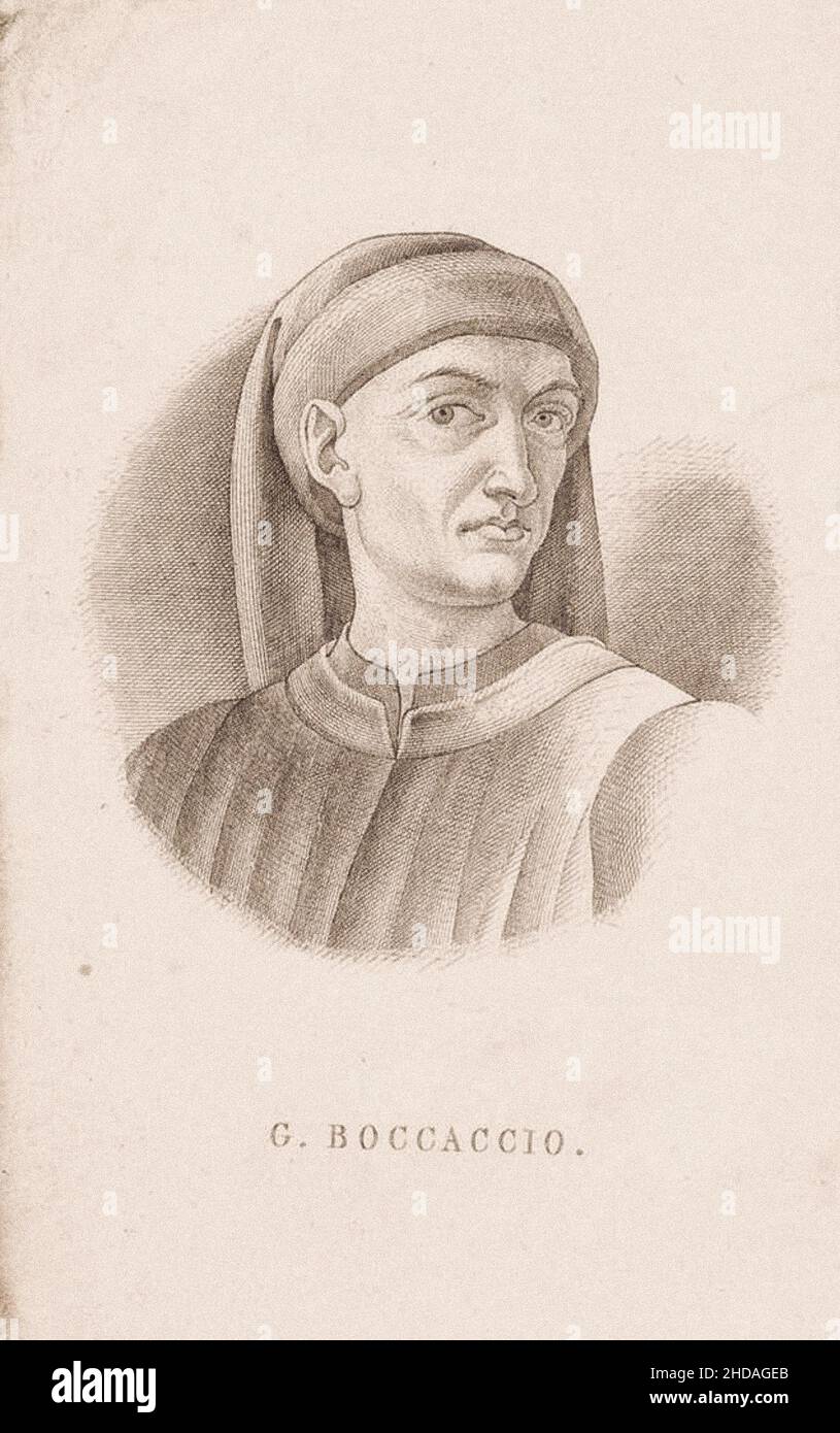 Das Porträt von Giovanni Boccacio aus dem 17th. Jahrhundert. Giovanni Boccacio (1313 – 1375) war ein italienischer Schriftsteller, Dichter, Korrespondent von Petrarca und ein Impo Stockfoto
